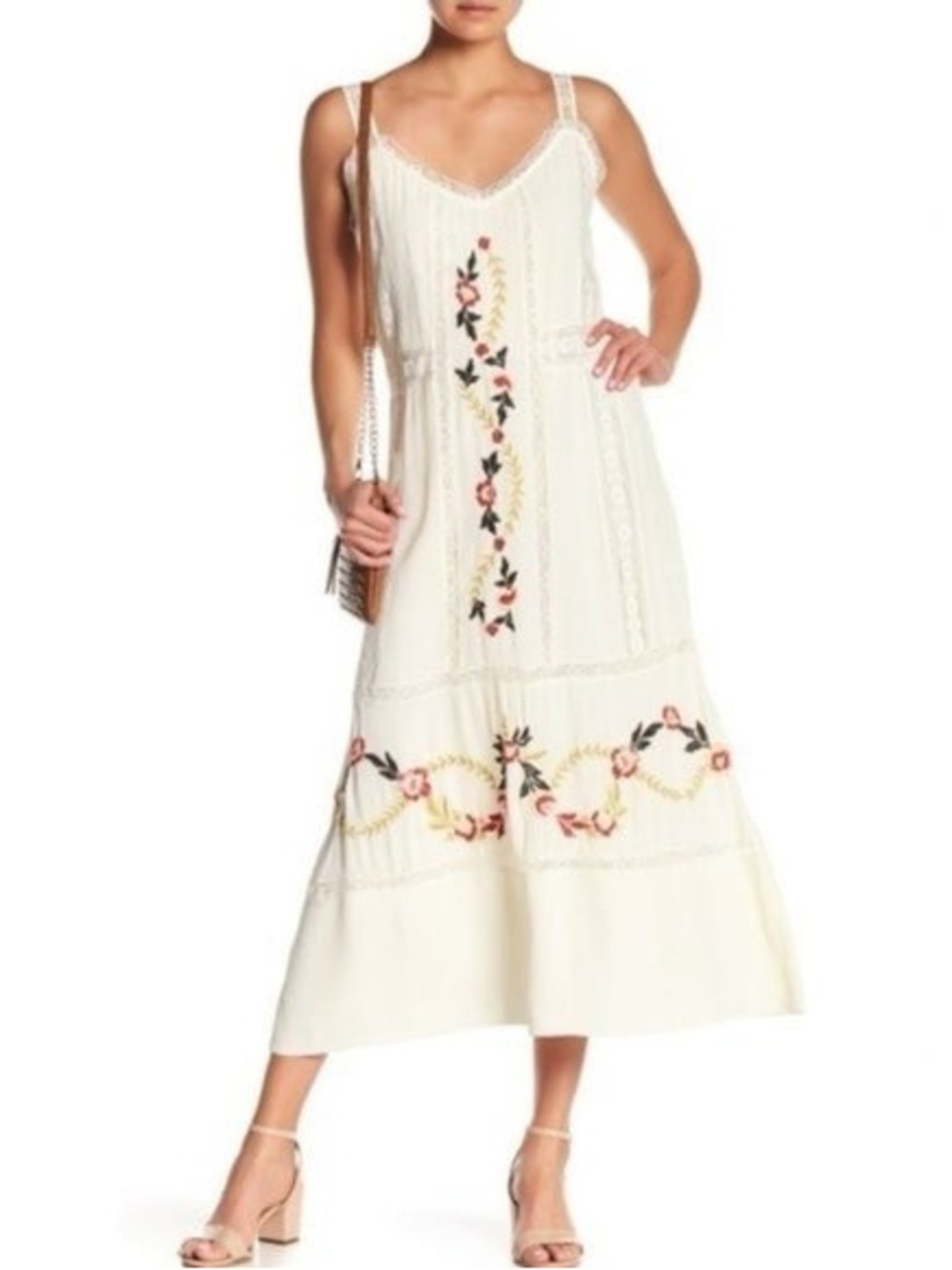❤️Price Drop❤️Nanette Lepore Cream Maxi Dress Pink & Green Floral Embroidery
